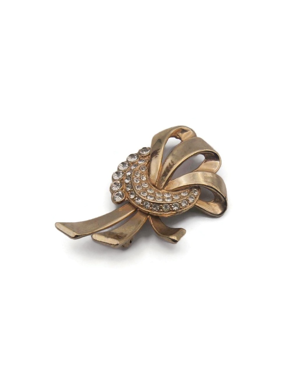 Vintage Gold Tone and Clear Rhinestones Ribbon Brooch.